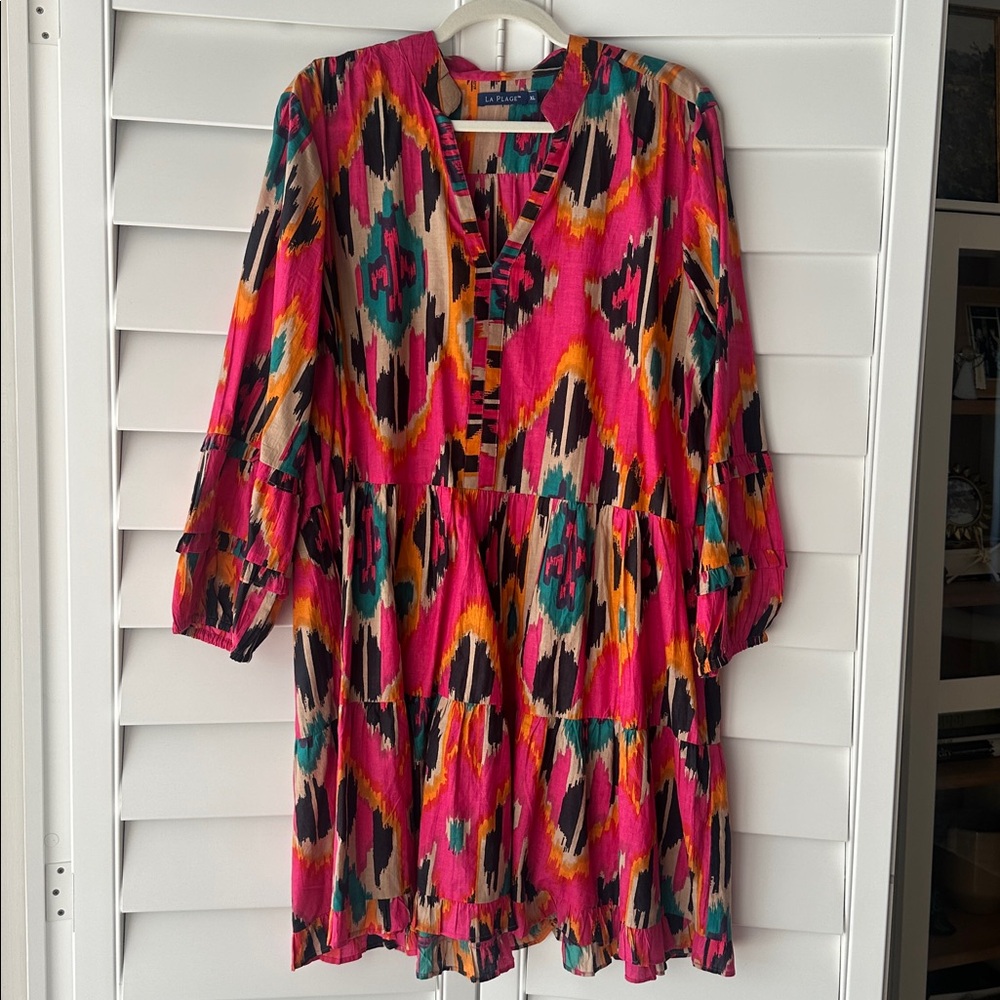 La Plage “Alison” long sleeve tiered dress in fuchsia ikat print